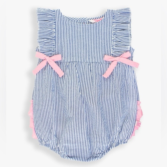 Rufflebutts seersucker bubble romper baby girl ruffles navy stripes bows - Picture 1 of 6